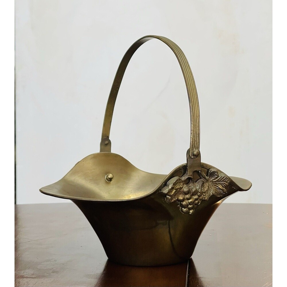 Brass Basket Bowl Moveable Handle Grape Decor India 9”x 7”x 4” VTG